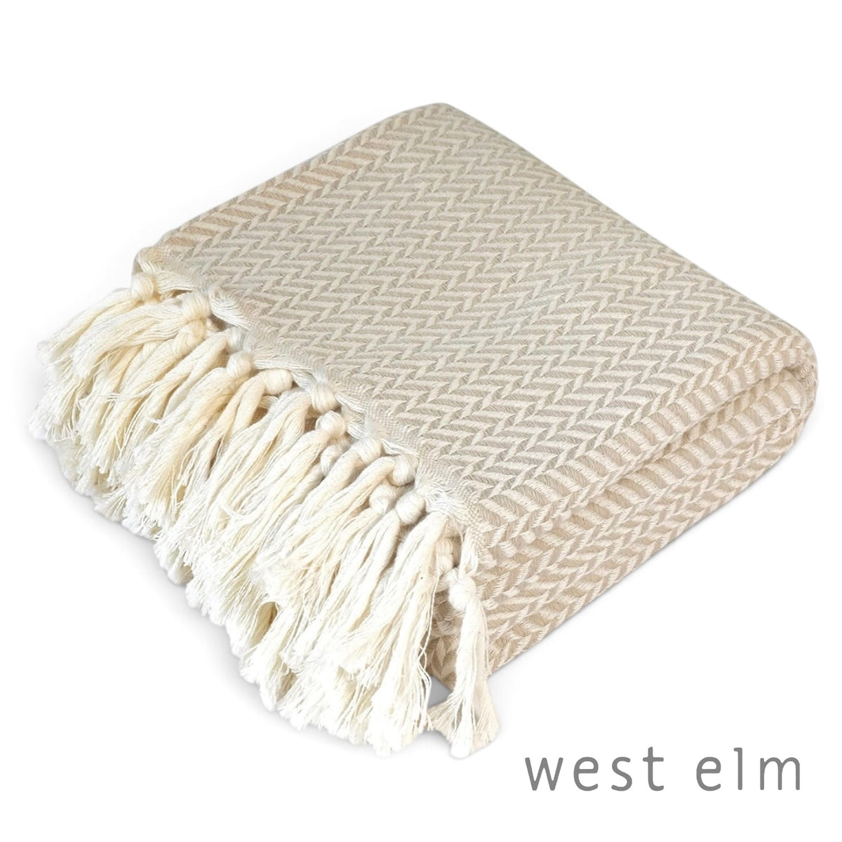 NEW West Elm Boho Beige White Turkish Cotton Tassel Throw Blanket - 60" x 50"