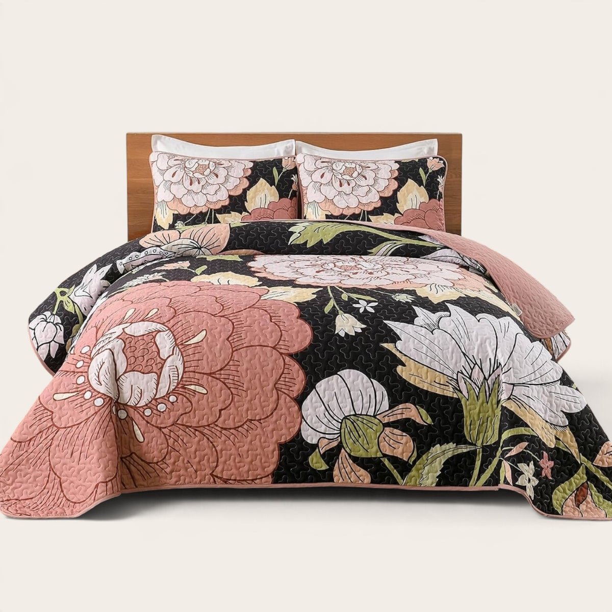 NEW Anthropologie Black & Pink Floral Boho Queen / King Bedding Quilt & Sham Set