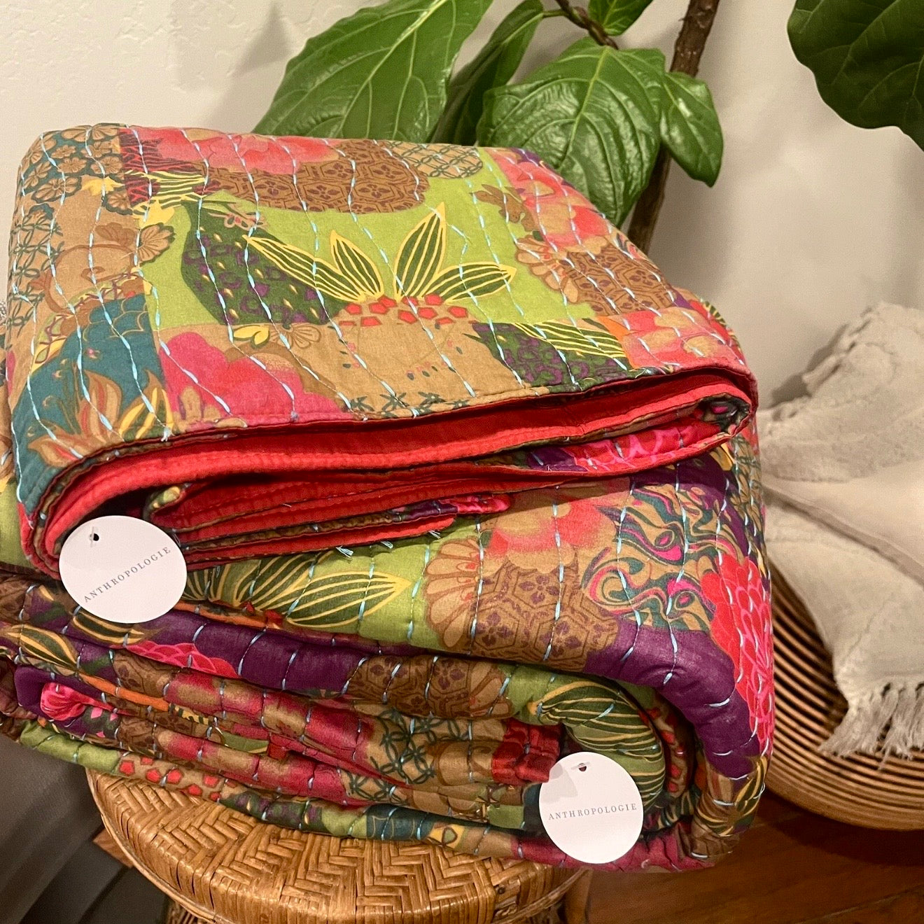 NEW Anthropologie Red Floral Boho King Quilt Stitch Bedspread Bedding Sham Set