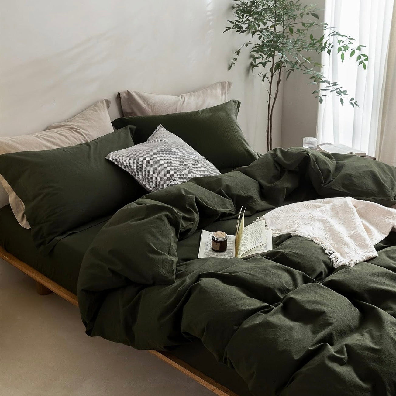NEW West Elm Dark Green 100% Cotton Boho King Size Bedding Duvet Sham Case Set