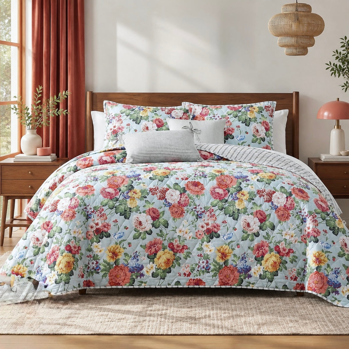 NEW Anthropologie Colorful Vintage Floral Stitch Quilt Coverlet Bedding Sham Set