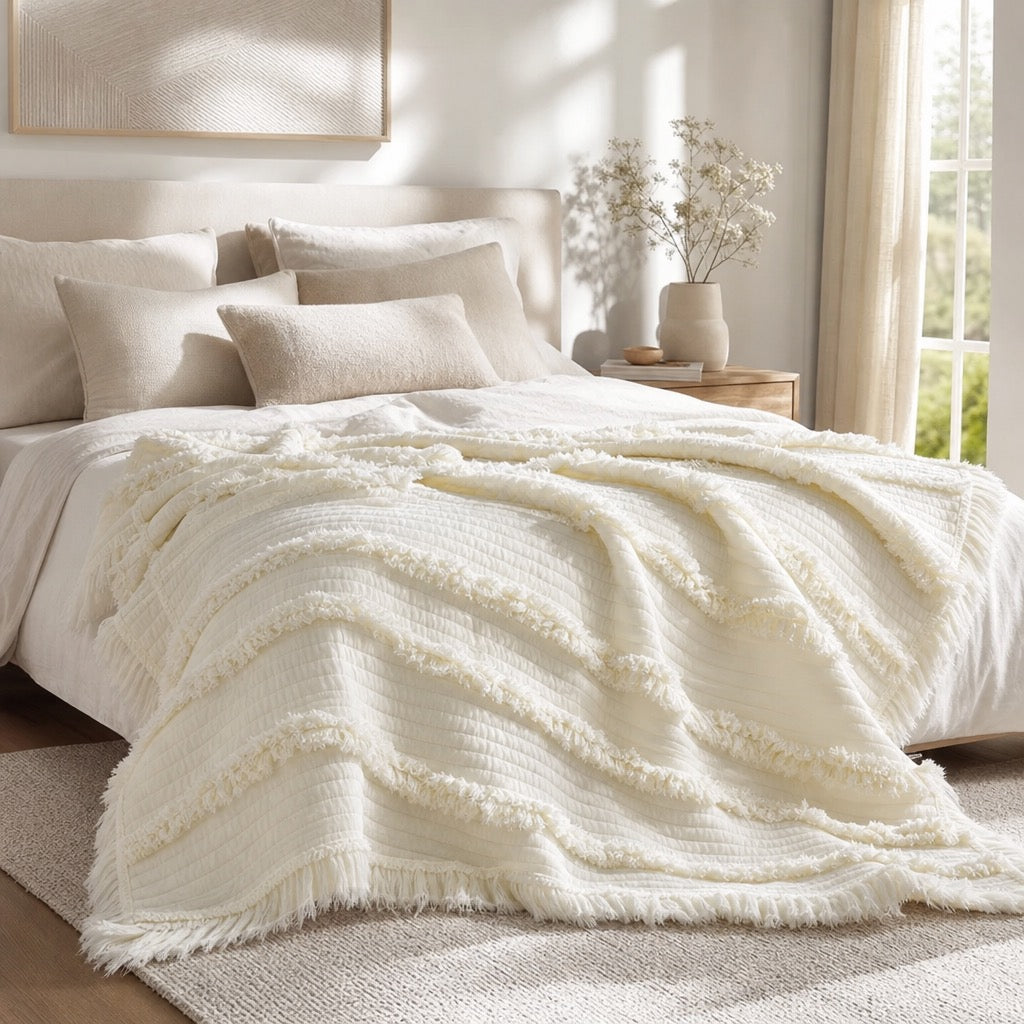 NEW West Elm Boho White Quilted Ruffle Knit Throw Blanket Bedding - 60" x 80"