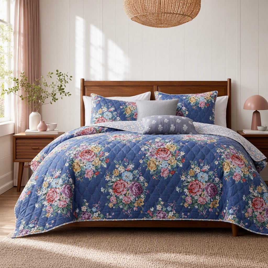 NEW Anthropologie Colorful Blue Vintage Floral Quilt Coverlet Bedding & Sham Set