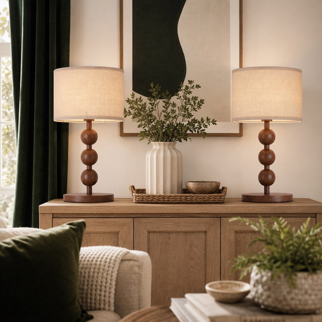 NEW Anthropologie Set of 2 Vintage Wood Ball Retro Boho Table Lamps Lighting 20"