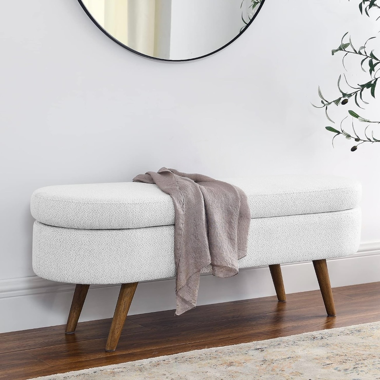 NEW West Elm White Boucle Fabric Storage Ottoman Mid-century Modern Furniture