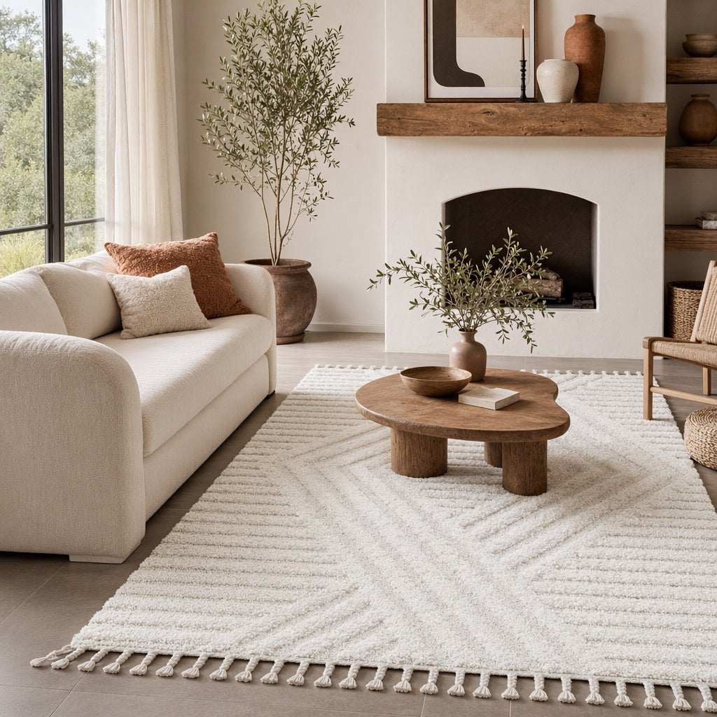 NEW West Elm White Cream Boho Tassel Geometric Shag Area Rug Carpet - 4' x 6'