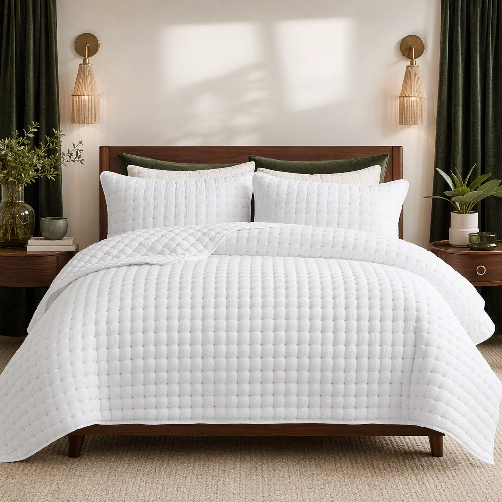 NEW West Elm White Ultra Soft Stitch Quilted Comforter Coverlet Bedding Sham Set