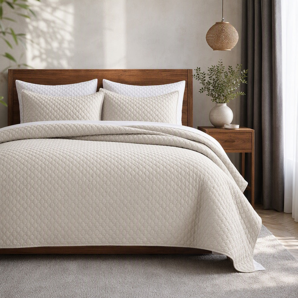 NEW West Elm Cream Ultra Soft Diamond Quilted Queen King Bedding Quilt Sham Set