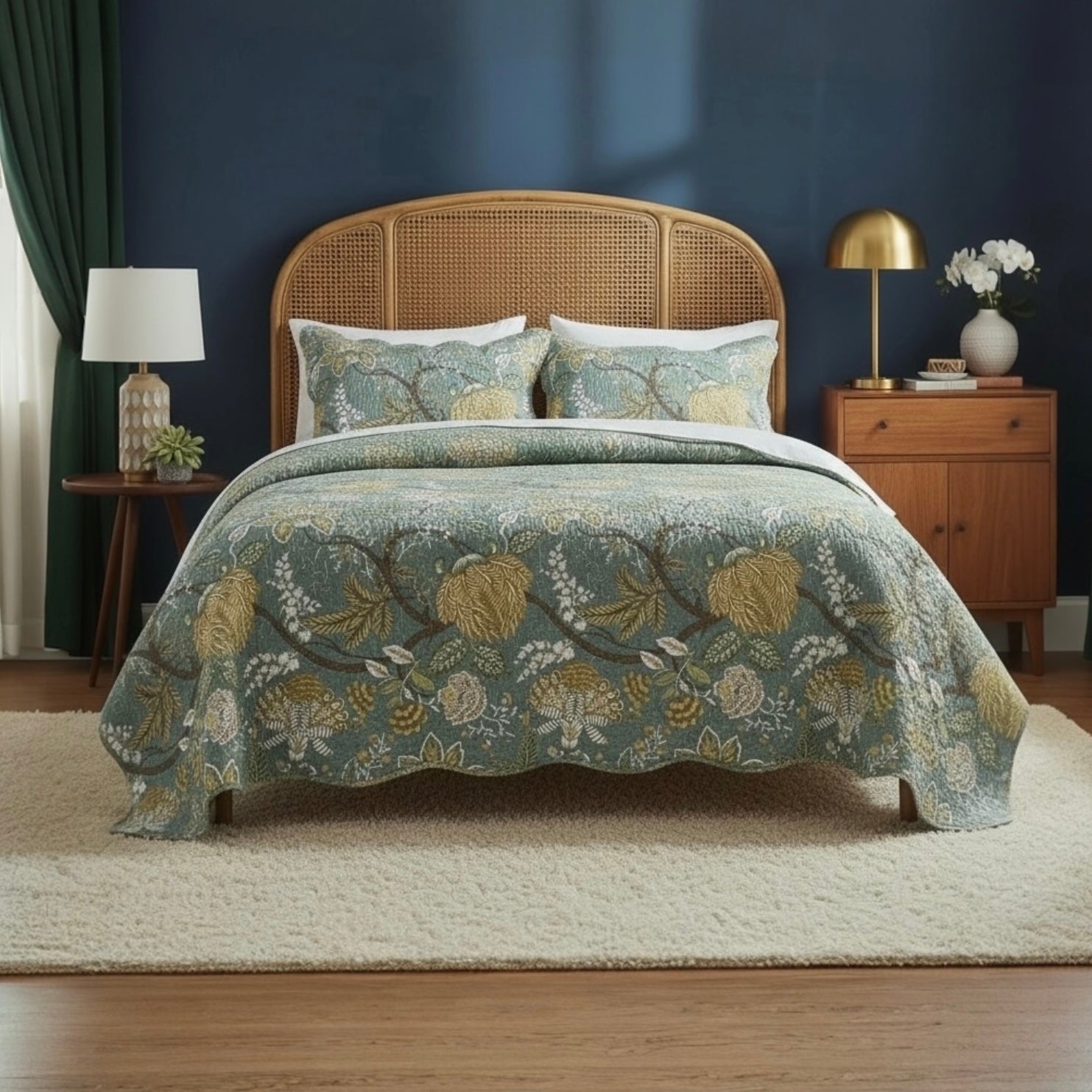 NEW Anthro Green Floral Reversible Queen / King Boho Bedding Quilt & Sham Case