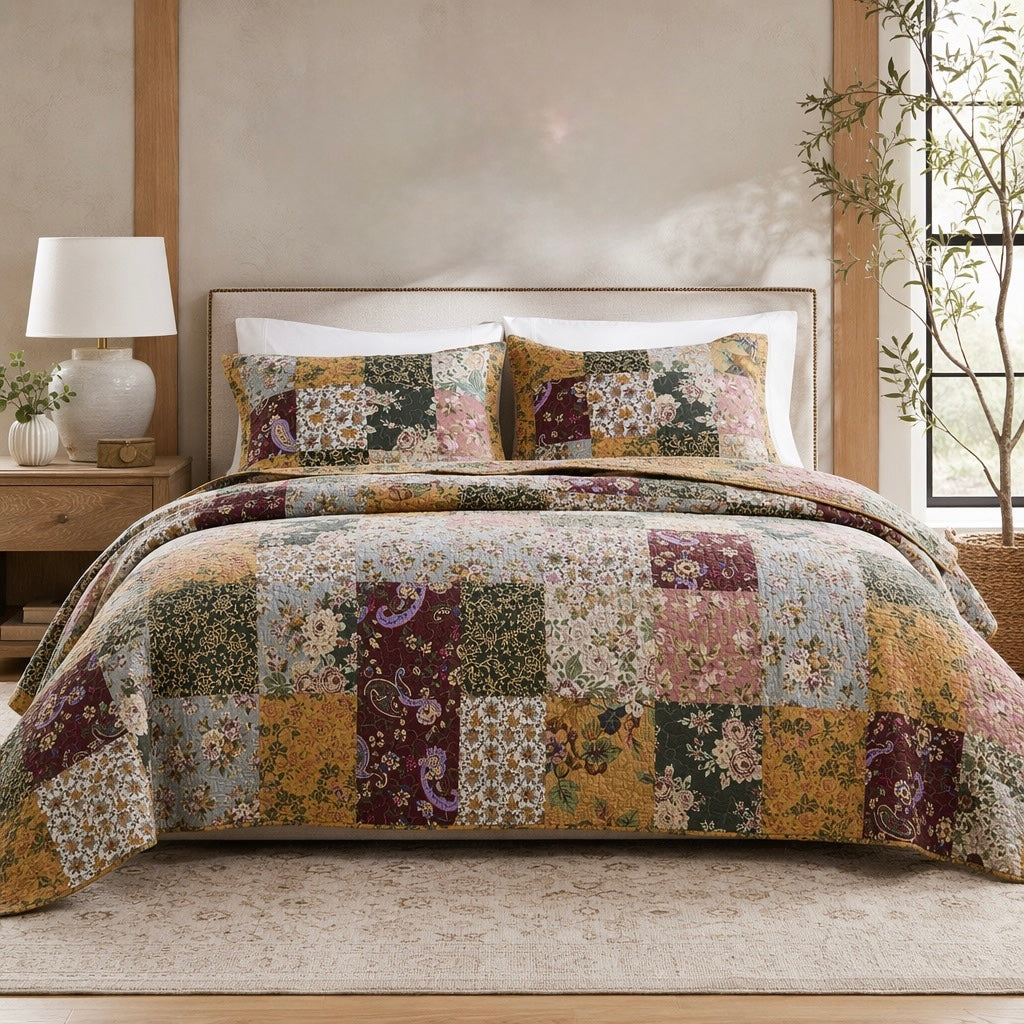 NEW Anthropologie Cotton Reversible Patchwork Queen King Bedding Quilt Sham Set