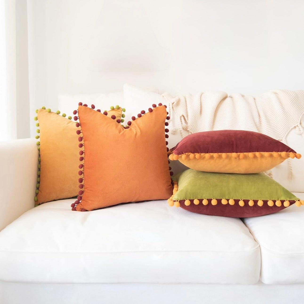 NEW Anthro (Set 4) Pom Pom Boho Velvet Throw Pillow Covers Cases Shams 18" x 18"