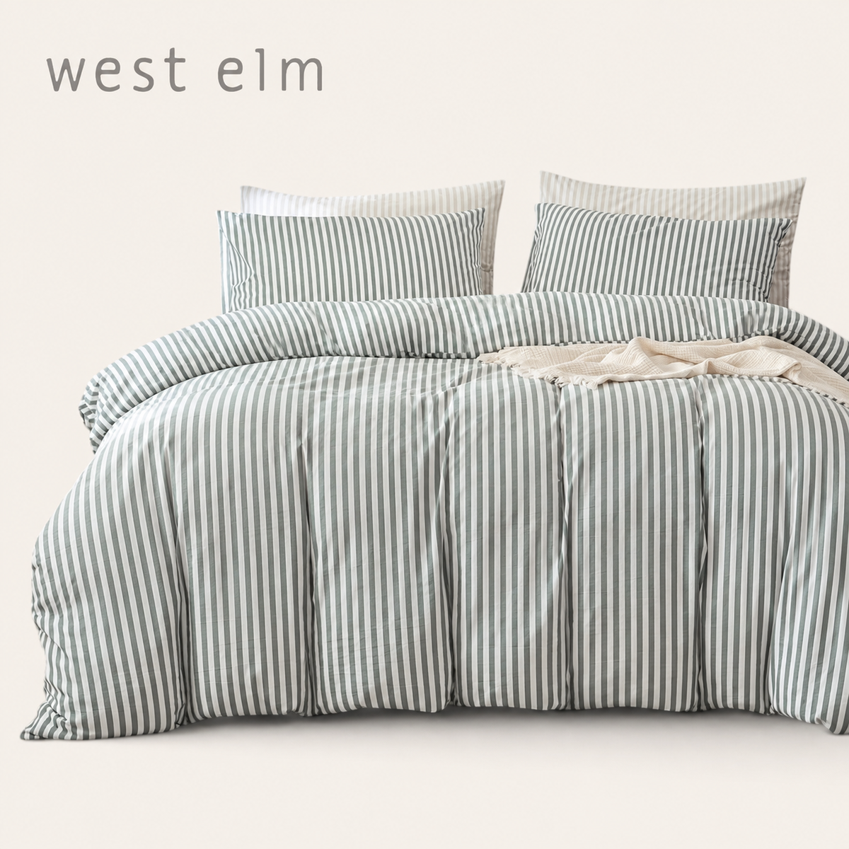 NEW West Elm White & Grey Striped Cotton Simple Modern Bedding Duvet & Sham Set