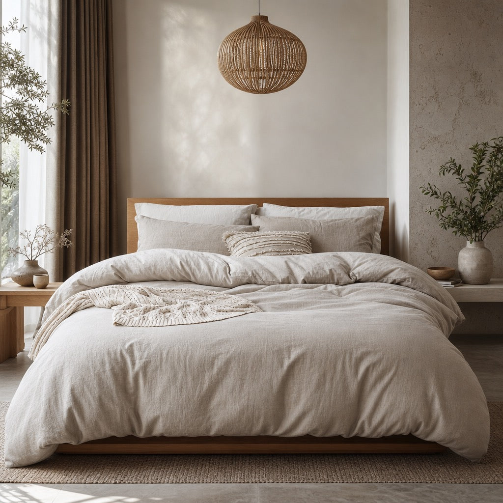 NEW West Elm Beige Linen Cotton Luxury Queen / King Bedding Duvet & Sham Set