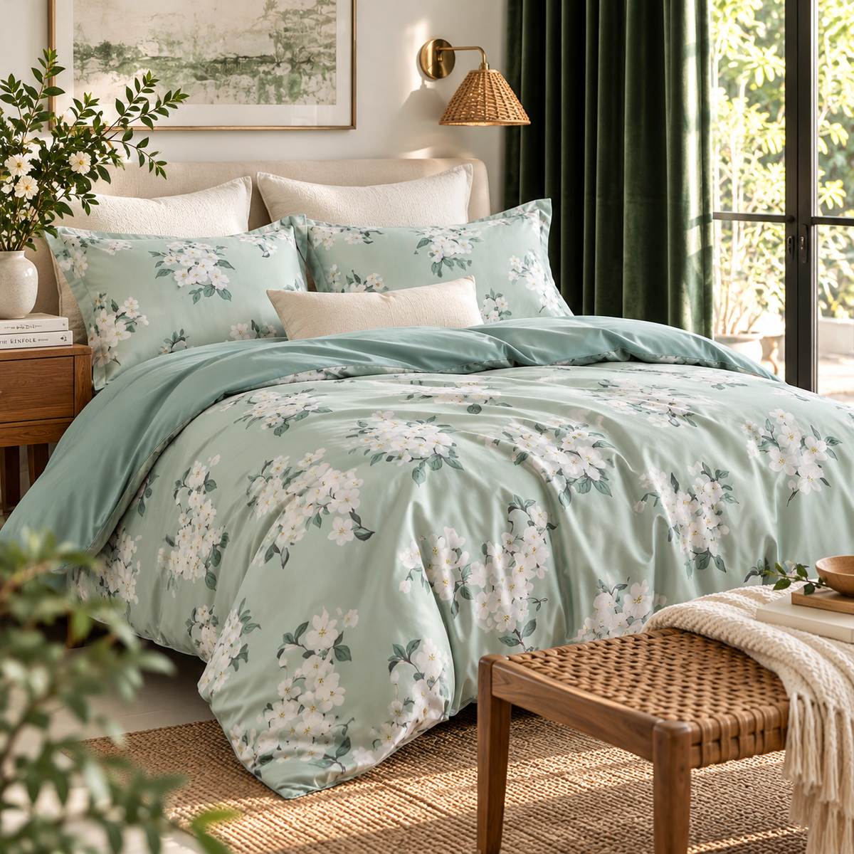 NEW West Elm Sage Green Floral Print Cotton Multi-Size Bedding Duvet & Sham Set