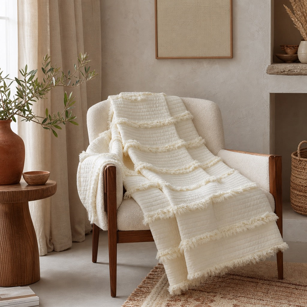 NEW West Elm Boho White Quilted Ruffle Knit Throw Blanket Bedding - 60" x 80"