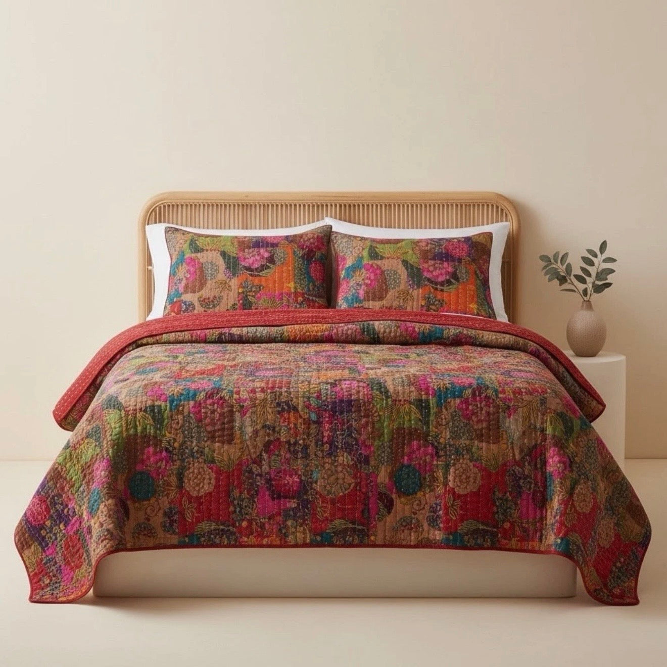 NEW Anthropologie Red Floral Boho King Quilt Stitch Bedspread Bedding Sham Set
