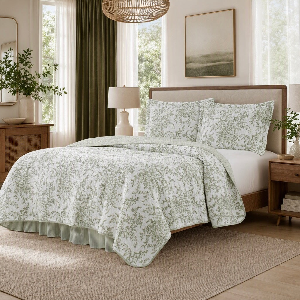NEW West Elm Green White Floral Vintage Cotton Queen King Bedding Quilt Sham Set