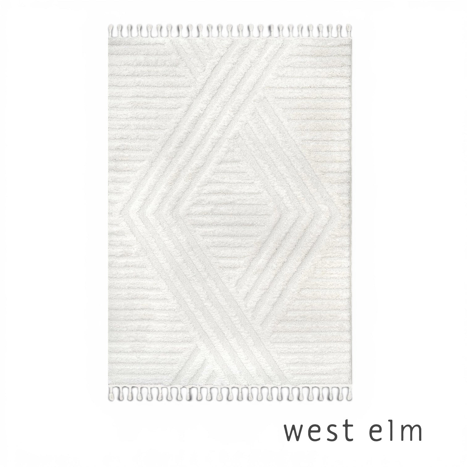 NEW West Elm White Cream Boho Tassel Geometric Shag Area Rug Carpet - 4' x 6'