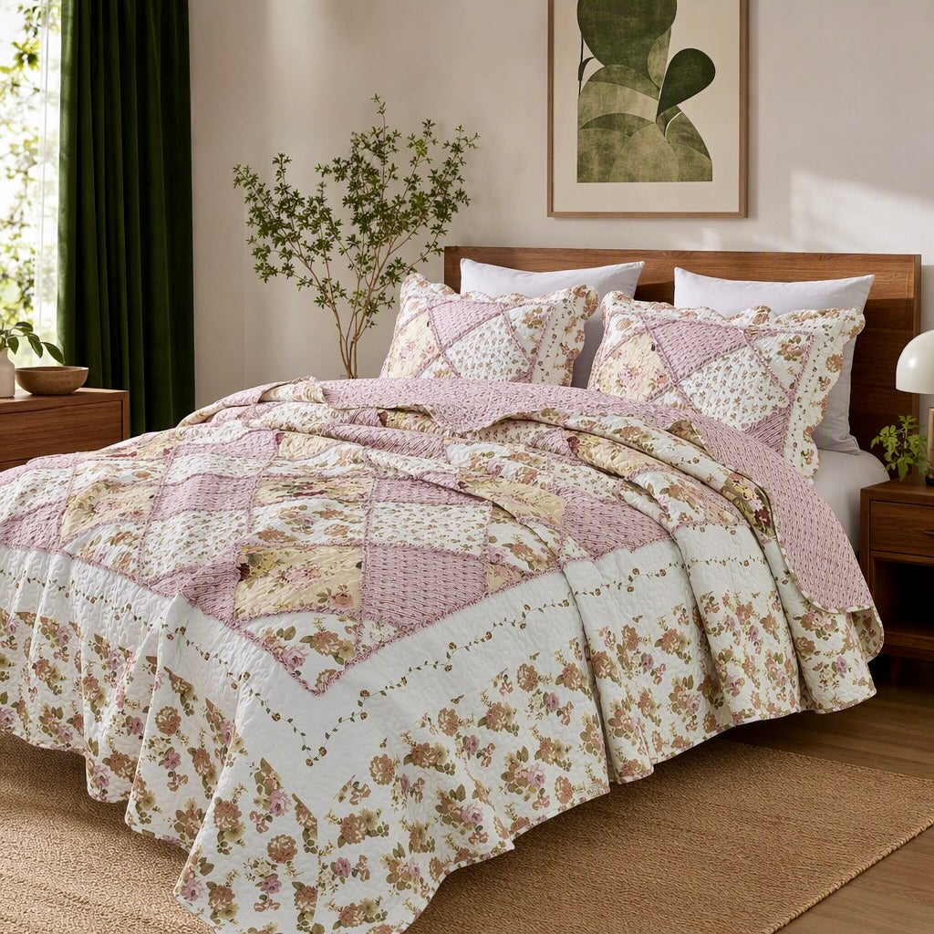 NEW Anthropologie Pink Vintage Floral Patchwork Quilt Coverlet Bedding Sham Set