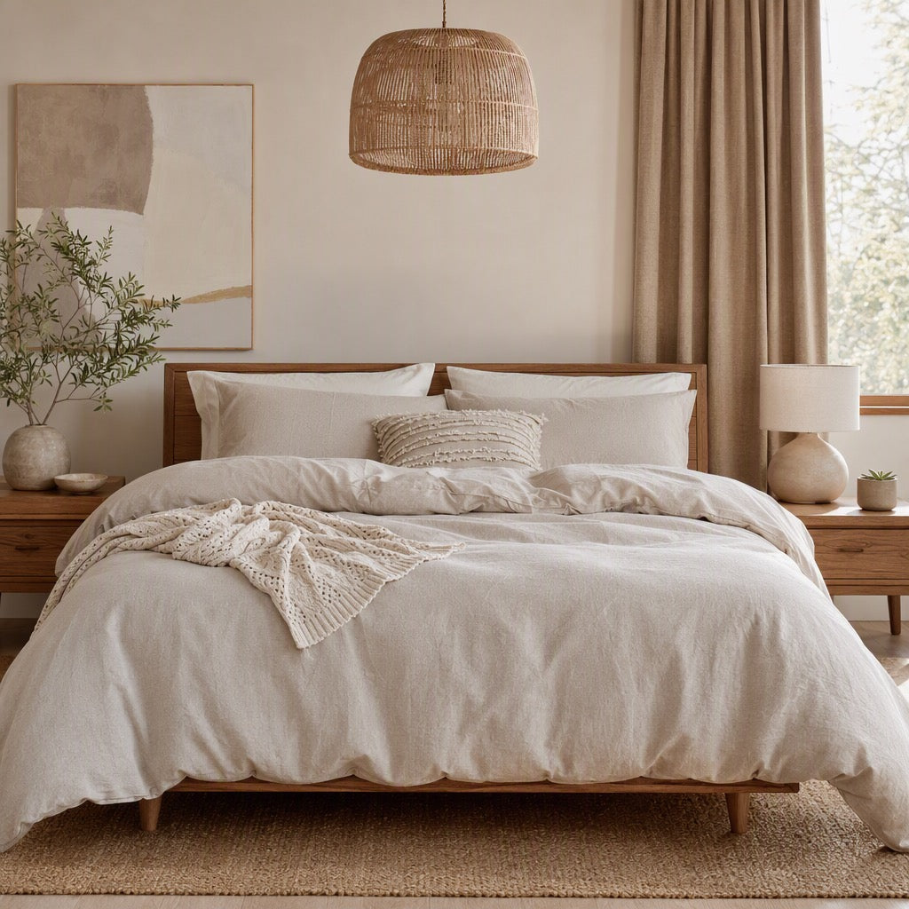 NEW West Elm Beige Linen Cotton Luxury Queen / King Bedding Duvet & Sham Set