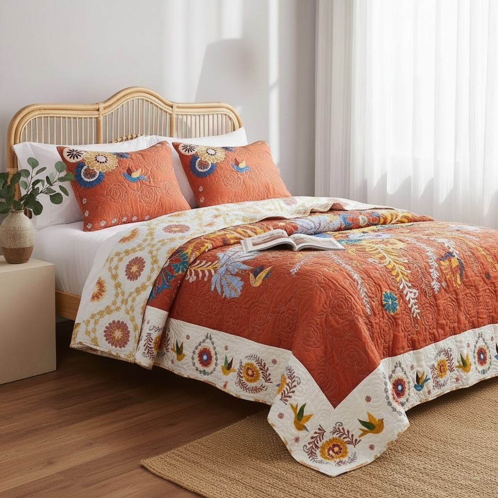 NEW Anthropologie Queen / King Reversible Boho Quilt Bedspread Bedding Sham Set