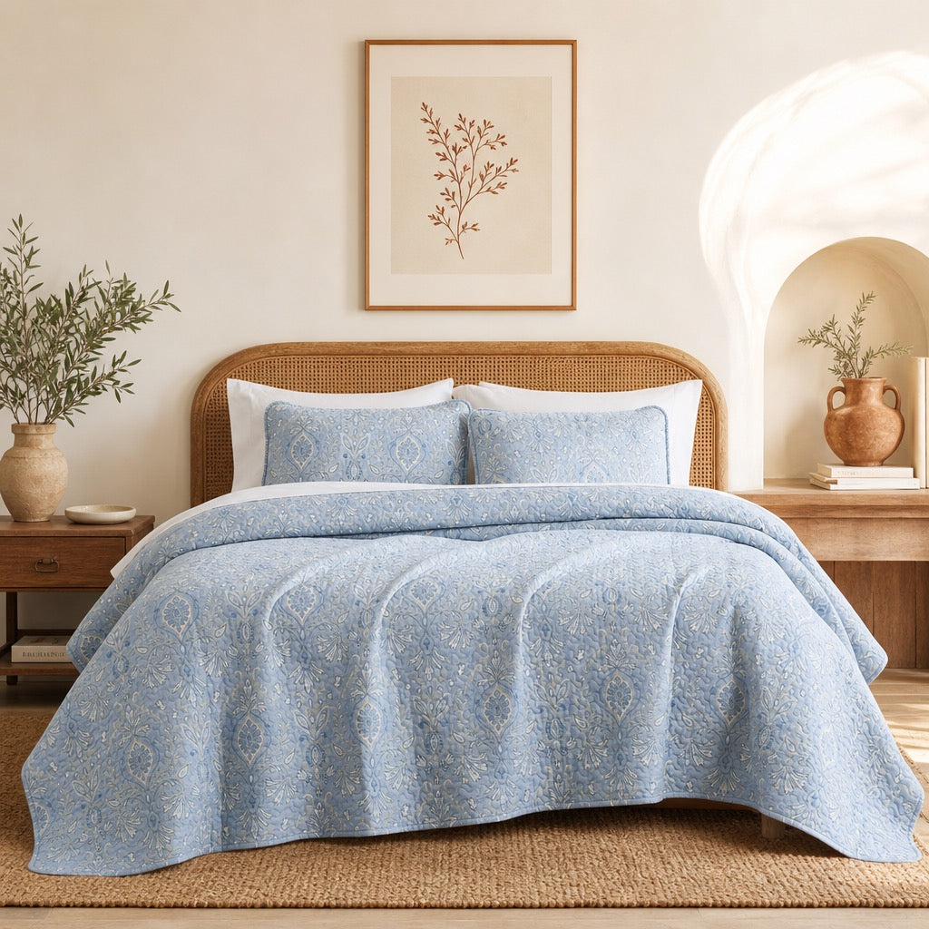 NEW West Elm Light Blue King / Cal King Size Paisley Bedspread Quilt Sham Pillow Case Set