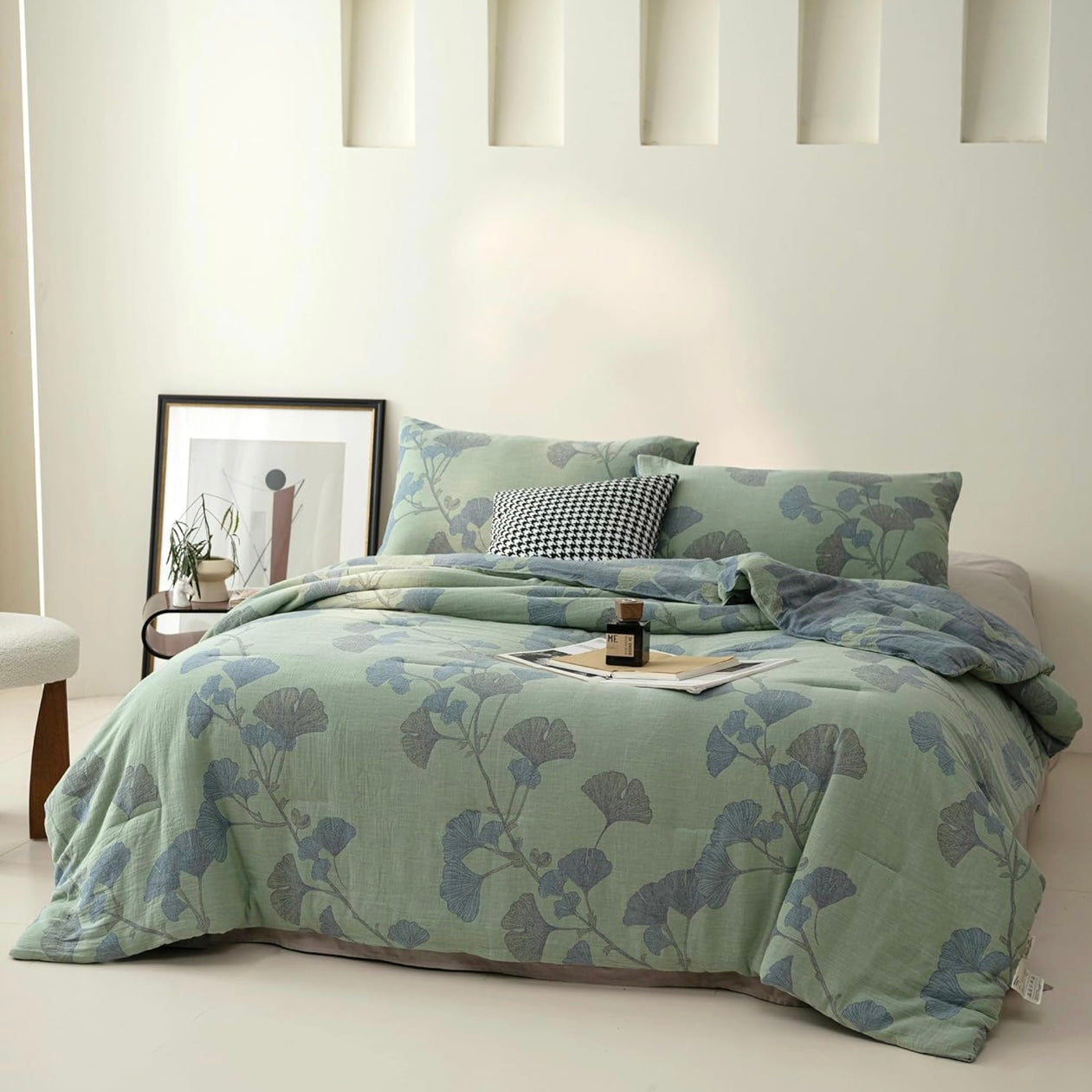 NEW Anthro Blue Green Floral Reversible King Size Bedspread Comforter & Sham Set