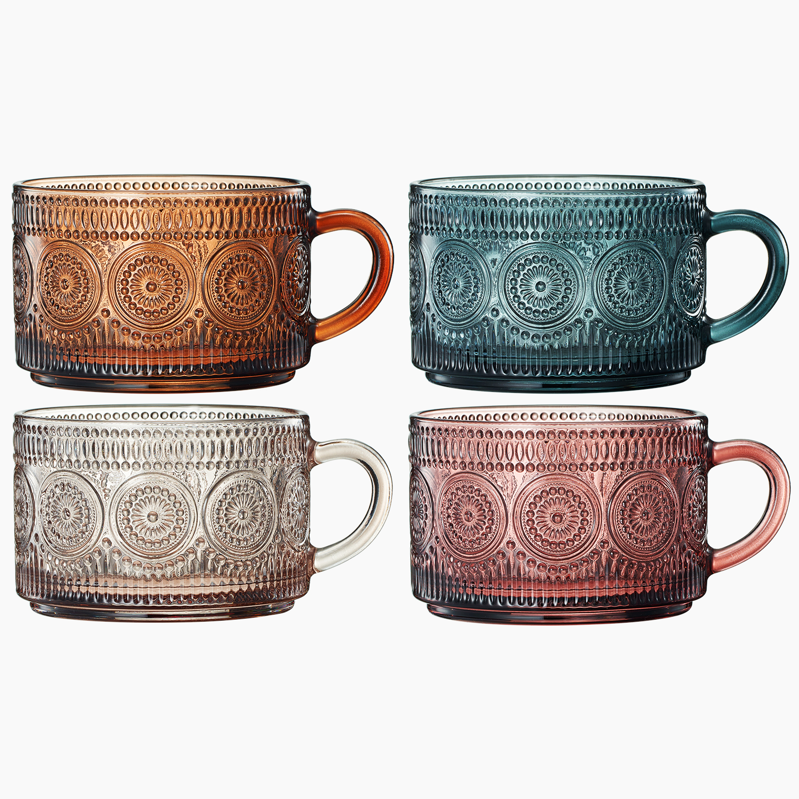 Tonal Hobnail Mug Glassware with Four Gold Spoons, Set of 4