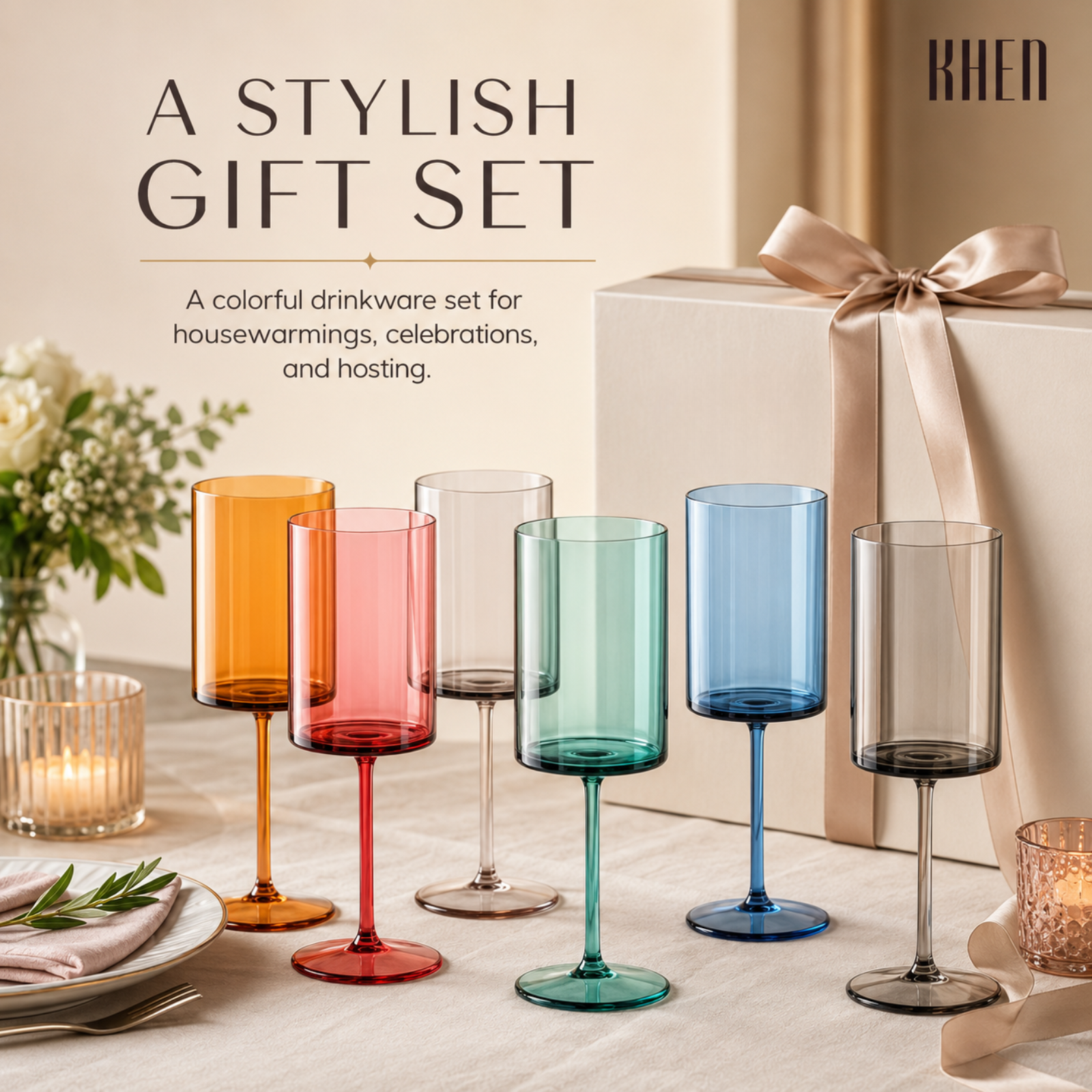 Tonal Acrylic Stemmed Square Wine Glassware, Set of 6