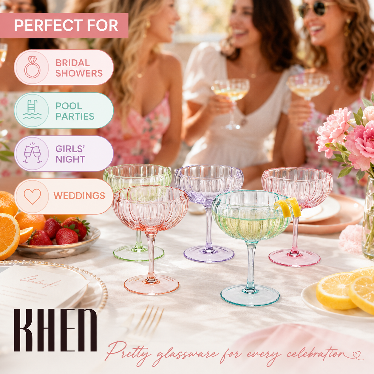 Flower Coupe Cocktail Glasses | Set of 6 | Bright Colors