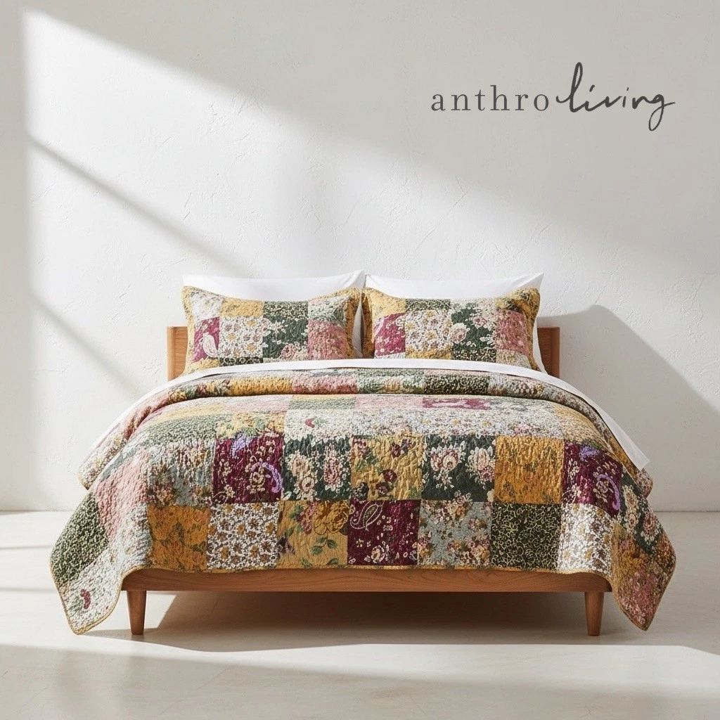NEW Anthro Cotton Floral Reversible Patchwork Queen King Bedding Quilt Sham Set