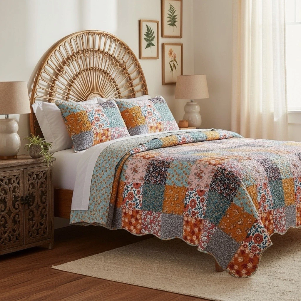 NEW Anthro Patchwork Floral Reversible Boho Queen King Bedding Quilt & Sham Set