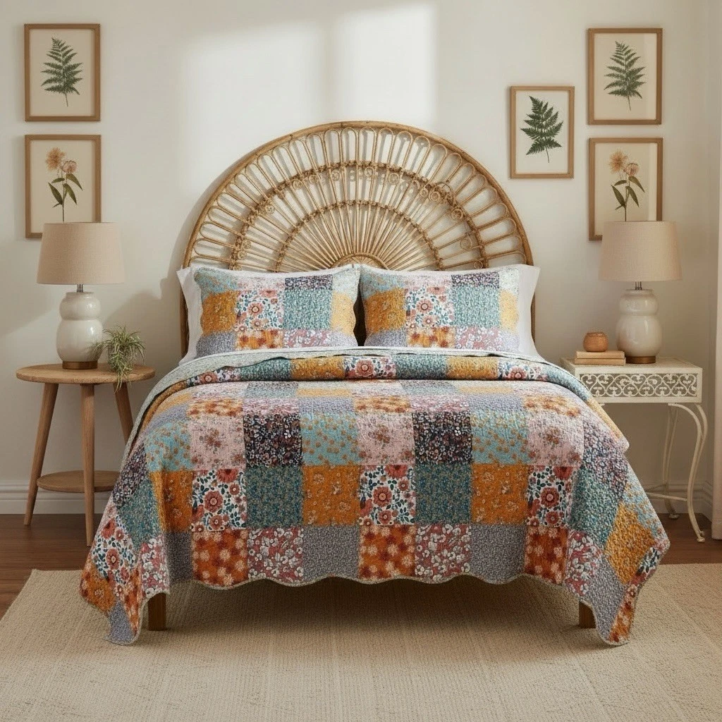 NEW Anthro Patchwork Floral Reversible Boho Queen King Bedding Quilt & Sham Set