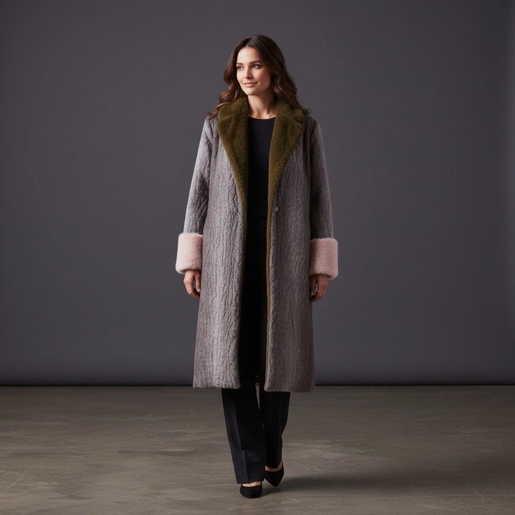 Anthropologie Hutch Grey Green Pink Long Faux Fur Trench Coat Jacket Size Large