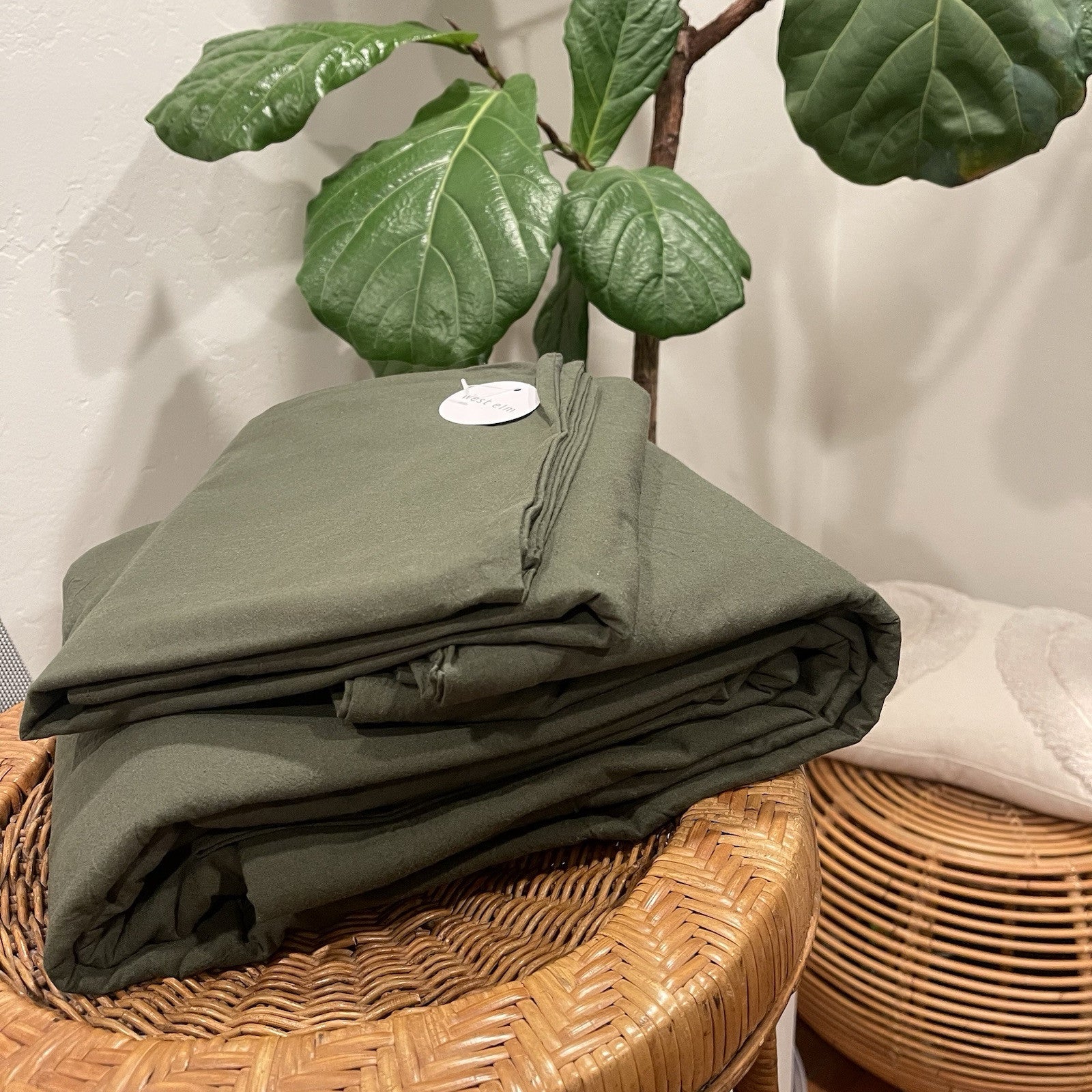 NEW West Elm Dark Green 100% Cotton Boho Queen Size Bedding Duvet Sham Case Set