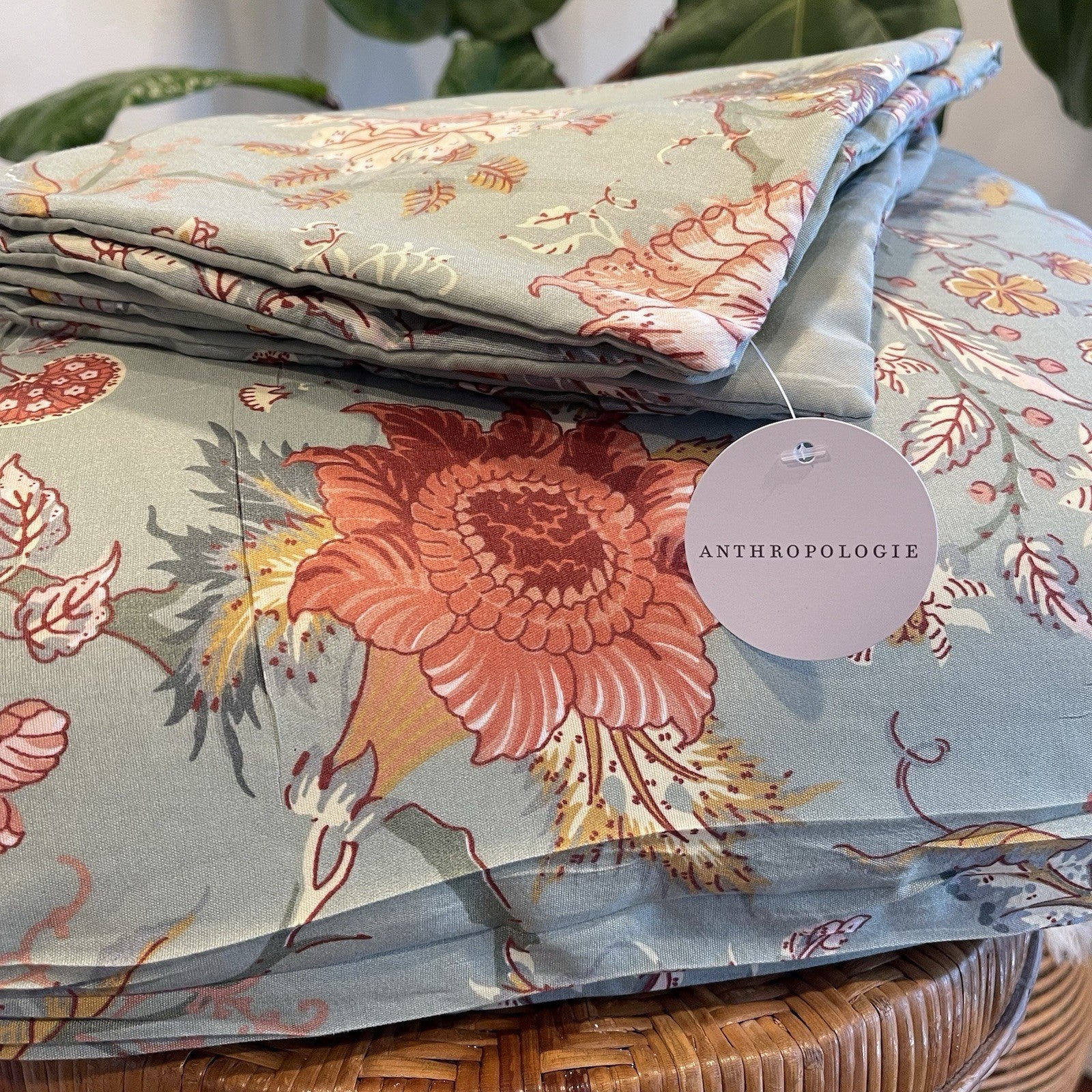 NEW Anthropologie Green Floral Queen Size Boho Duvet Bedding Sham Case Set