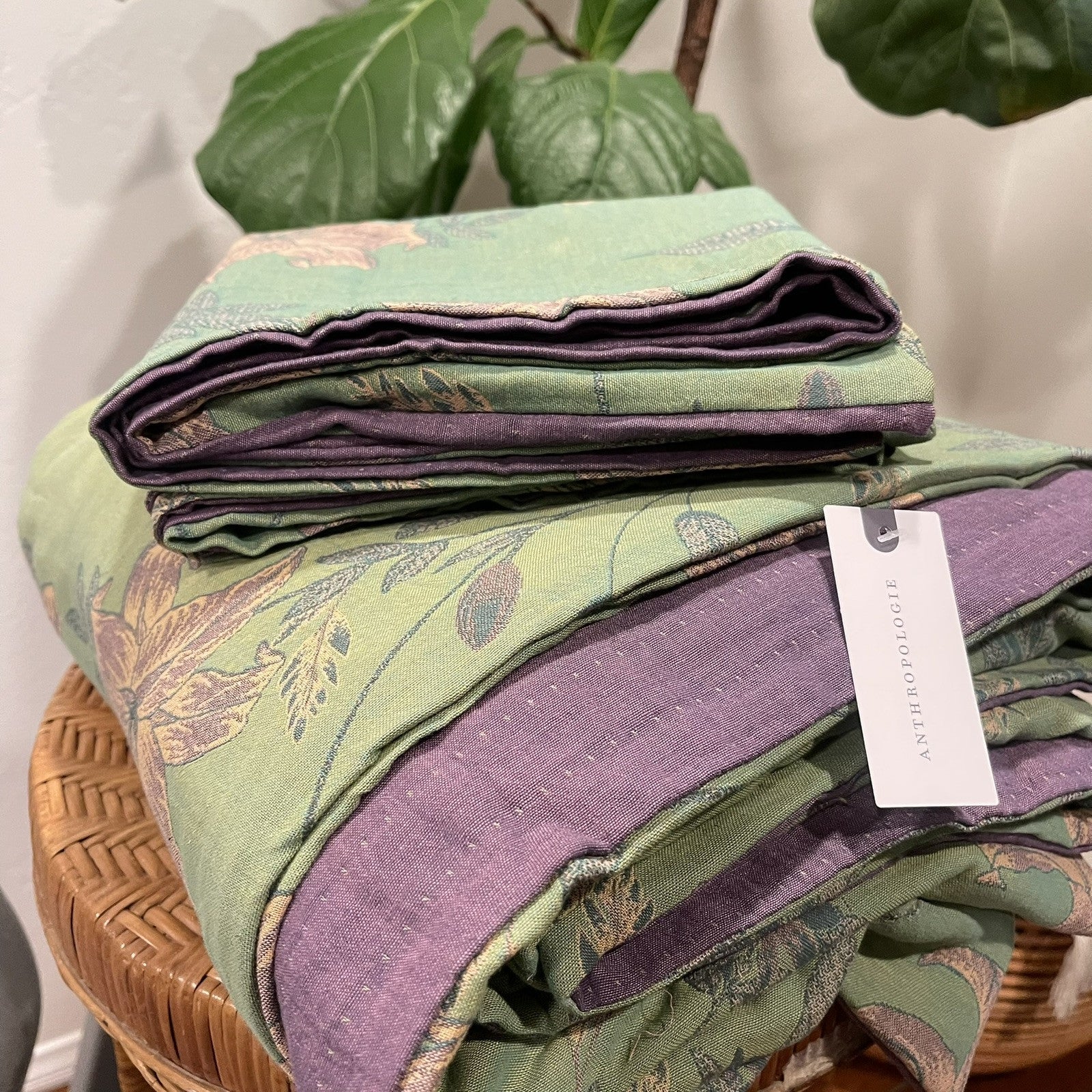 NEW Anthropologie Green Purple Floral Linen Boho King Bedding Duvet & Sham Set