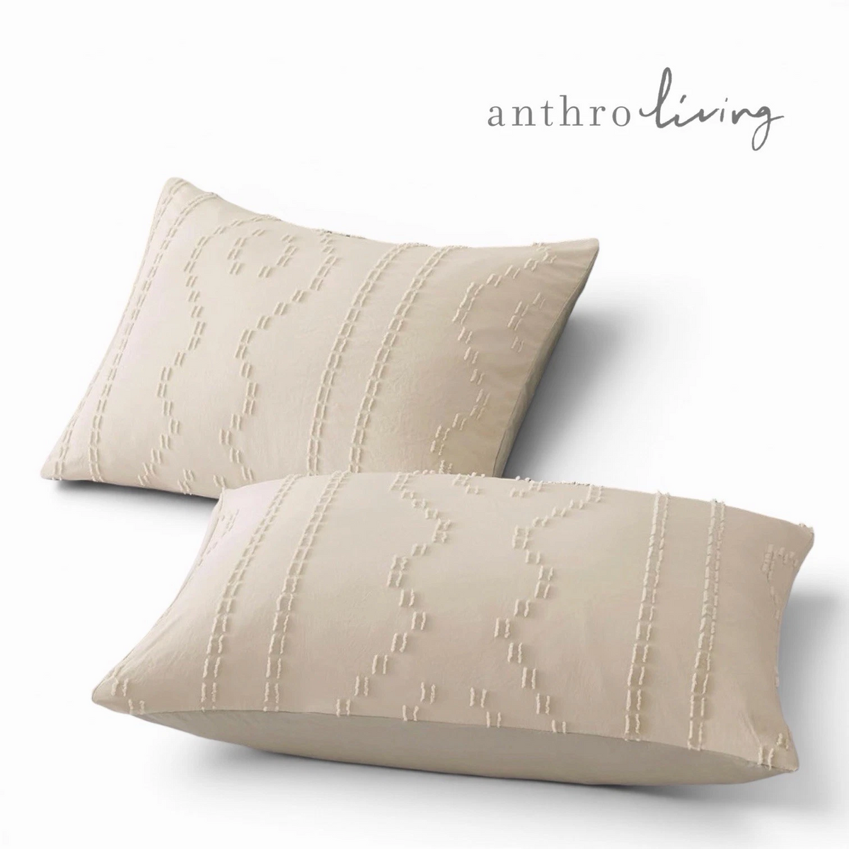 NEW Anthropologie Beige King / Queen Size Tufted Fringe Bedding Duvet Sham Set