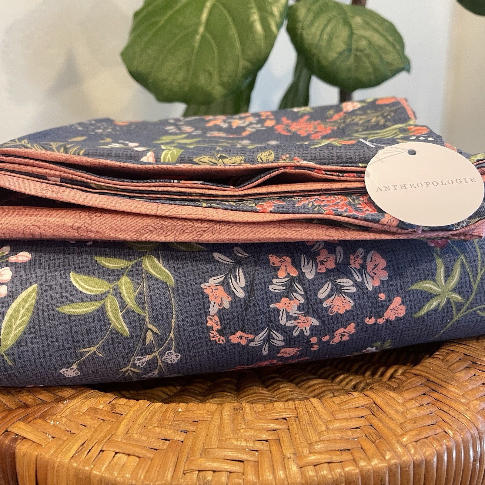 NEW Anthropologie Blue Floral Cotton Boho Queen Size Bedding Duvet & Sham Set