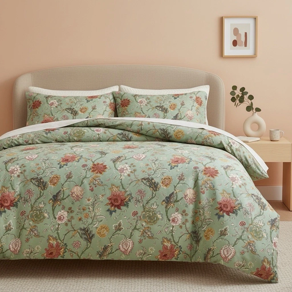 NEW Anthropologie Green Floral King Size Boho Duvet Bedding Sham Case Set