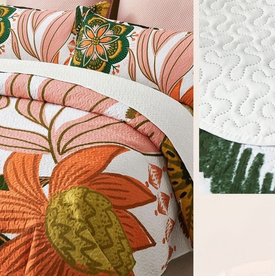NEW Queen Abstract Floral Boho Reversible Quilt Bedspread Blanket Sham Set