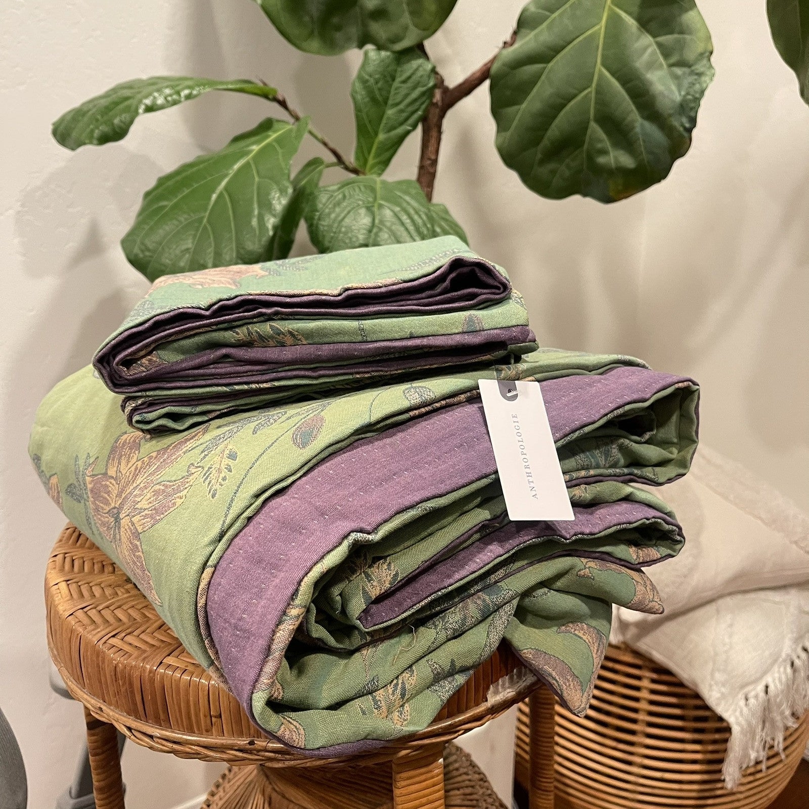 NEW Anthropologie Green Purple Floral Linen Boho King Bedding Duvet & Sham Set