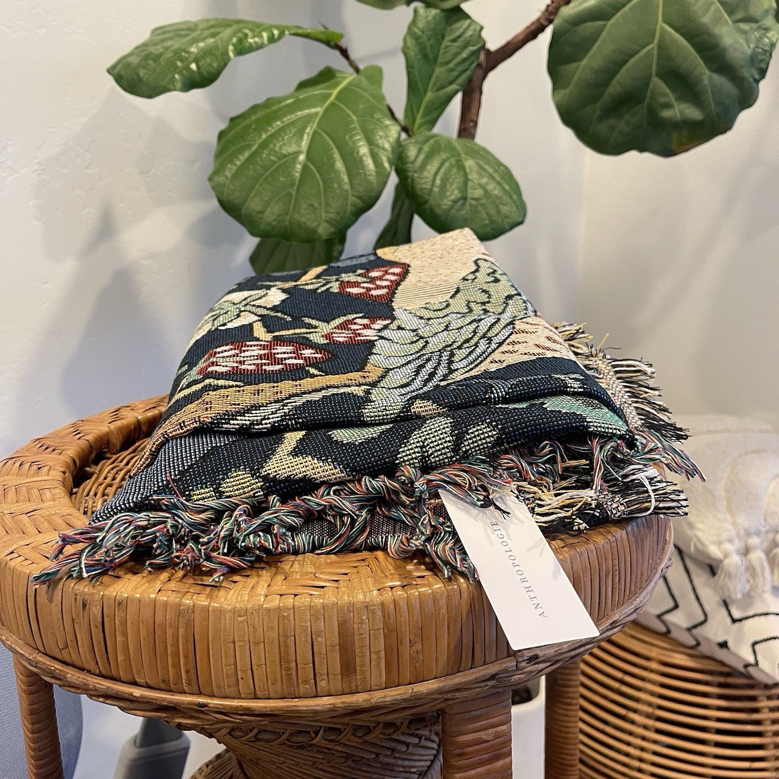 NEW Anthropologie Boho Bird Blue Tassel Throw Blanket Bedspread Quilt - 50 x 70