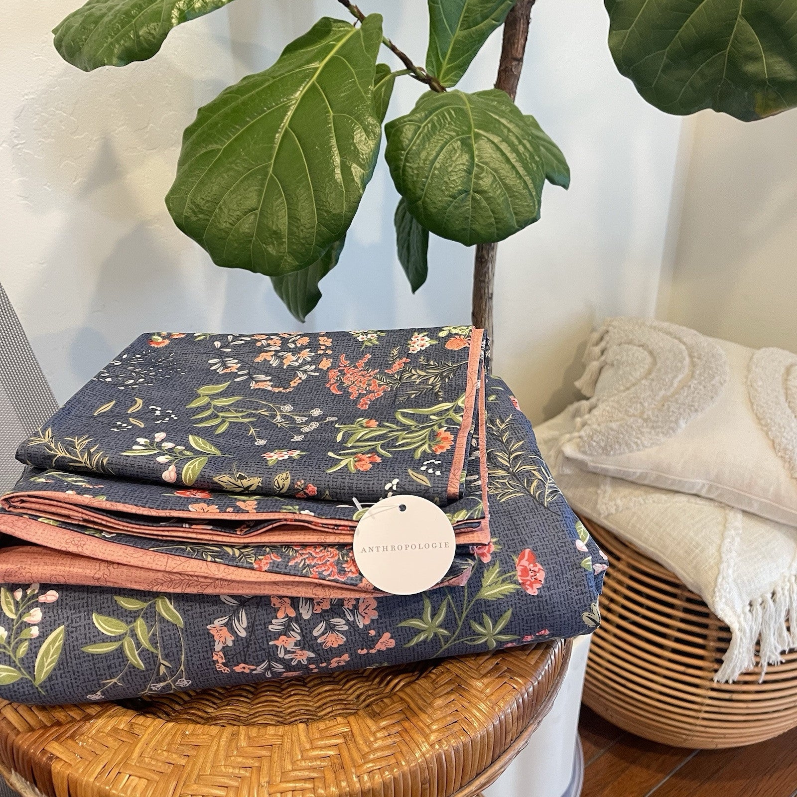 NEW Anthropologie Blue Floral Cotton Boho King Size Bedding Duvet & Sham Set