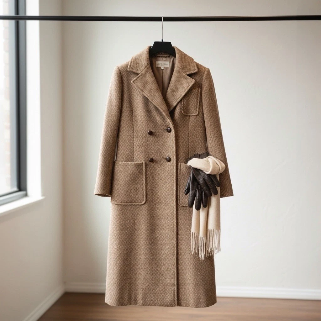 Oscar De La Renta Women's Tweed Tan Trench Coat Jacket | Size Large / 12