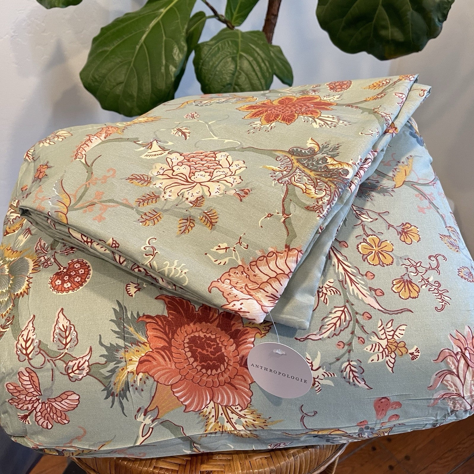 NEW Anthropologie Green Floral Queen Size Boho Duvet Bedding Sham Case Set