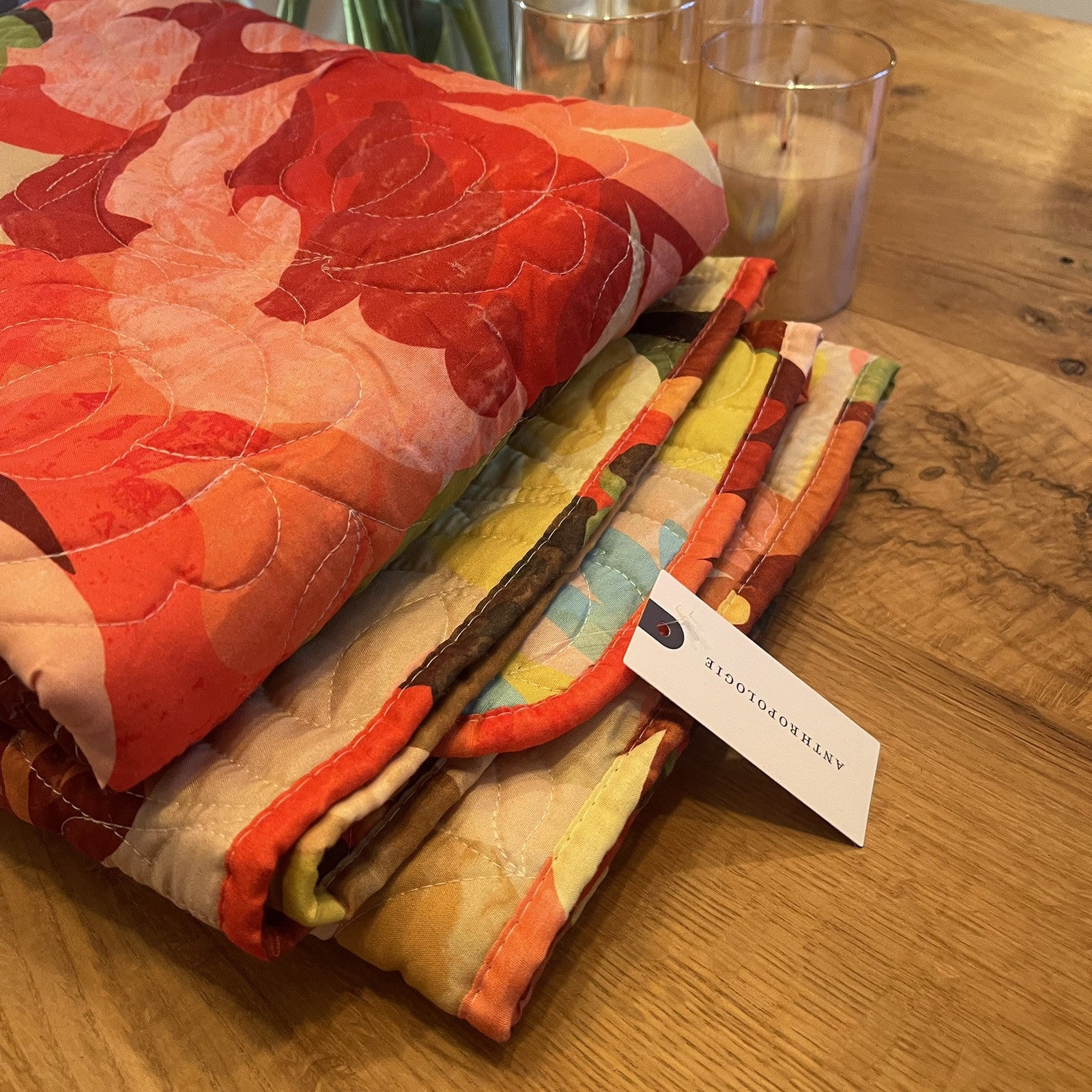 NEW Anthropologie Boho Red Floral Throw Blanket Bedspread Quilt - 50" x 60"