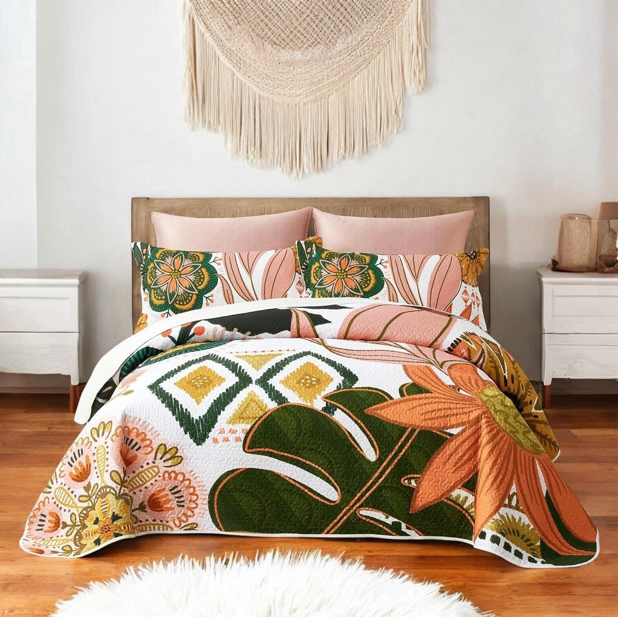 NEW Queen Abstract Floral Boho Reversible Quilt Bedspread Blanket Sham Set
