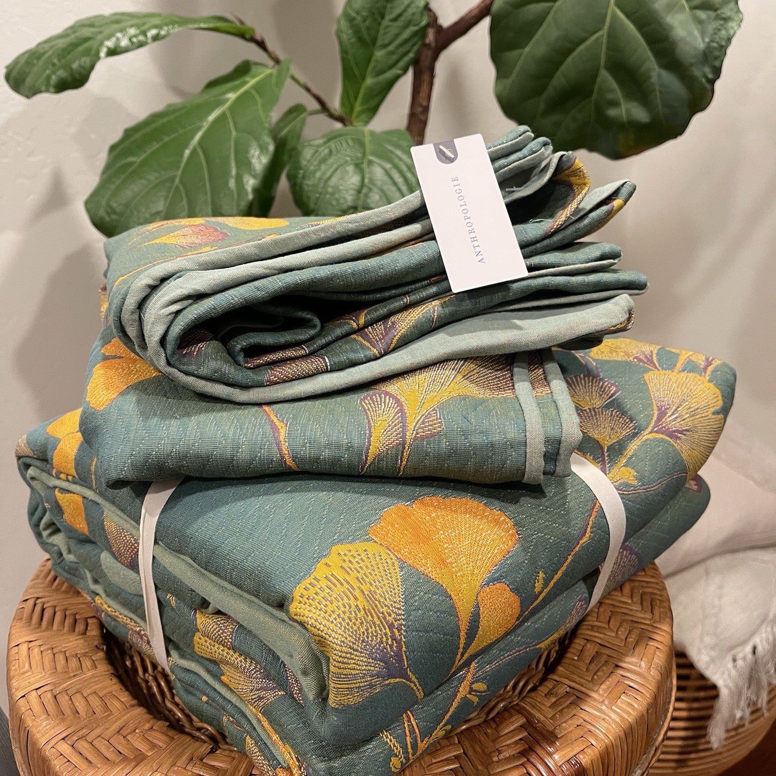 NEW Anthropologie Teal Orange Reversible King Size Bedspread Blanket Sham Set