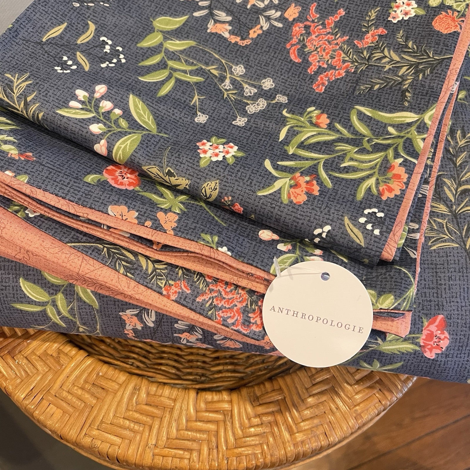 NEW Anthropologie Blue Floral Cotton Boho Queen Size Bedding Duvet & Sham Set